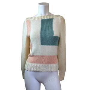 Vintage 80's Nannell Colorblock Cream Peach Green Wool Angora Blend Sweater sz S